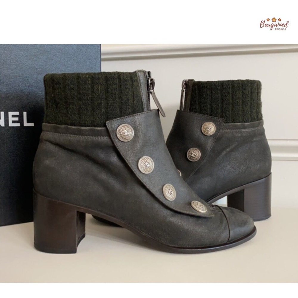 Authentic CHANEL Charcoal Distressed Leather Tweed CC Buttons Ankle Boots 10.5 - Picture 9 of 15